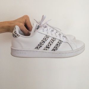 Adidas white sneakers with leopard print